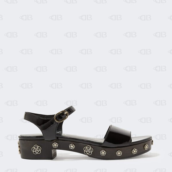 Chanel Black Patent Leather Camellia Embellished Open Toe Sandals