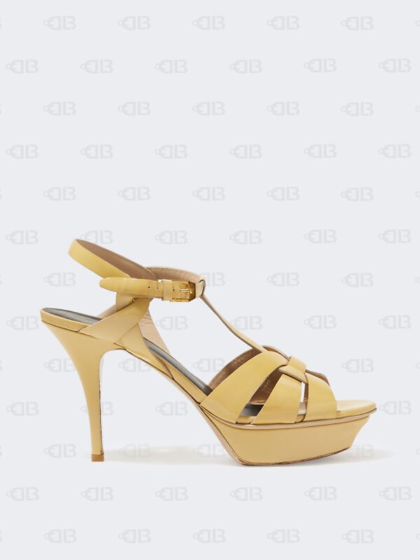 Saint Laurent Paris Beige Patent Leather Tribute Platform Ankle Strap Sandals