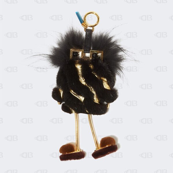 FENDI Metallic Calfskin Mink Fox Fur Hypnoteyes Witches USB Power Bank Bag Charm Black Gold