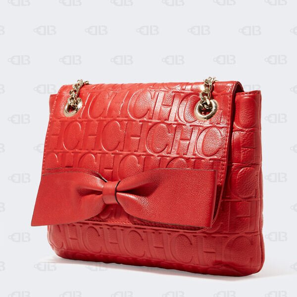 Carolina Herrera Red Monogram Leather Audrey Shoulder Bag