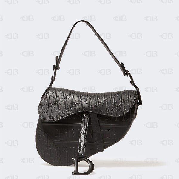 CHRISTIAN DIOR  Calfskin Embossed Oblique Mini Saddle Bag Black