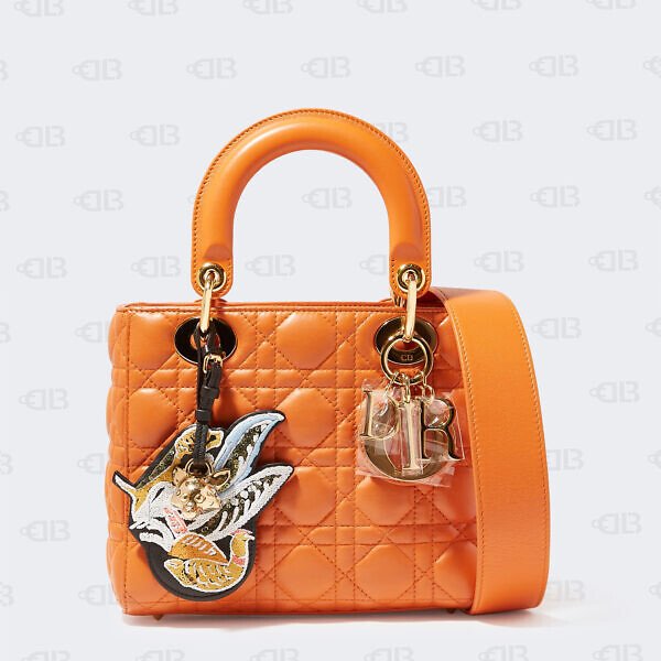 Christian Dior Orange Leather Cannage Small Lady Dior Bag