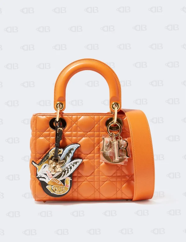 Christian Dior Orange Leather Cannage Small Lady Dior Bag