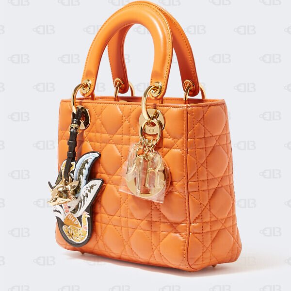 Christian Dior Orange Leather Cannage Small Lady Dior Bag