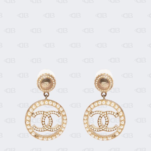 Chanel Light Gold Tone CC Faux Pearl Drop Earrings