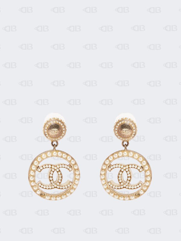 Chanel Light Gold Tone CC Faux Pearl Drop Earrings