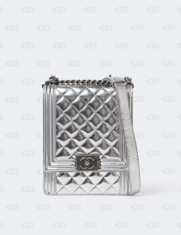 Chanel Silver Quilted Leather North South Boy Flap Bag