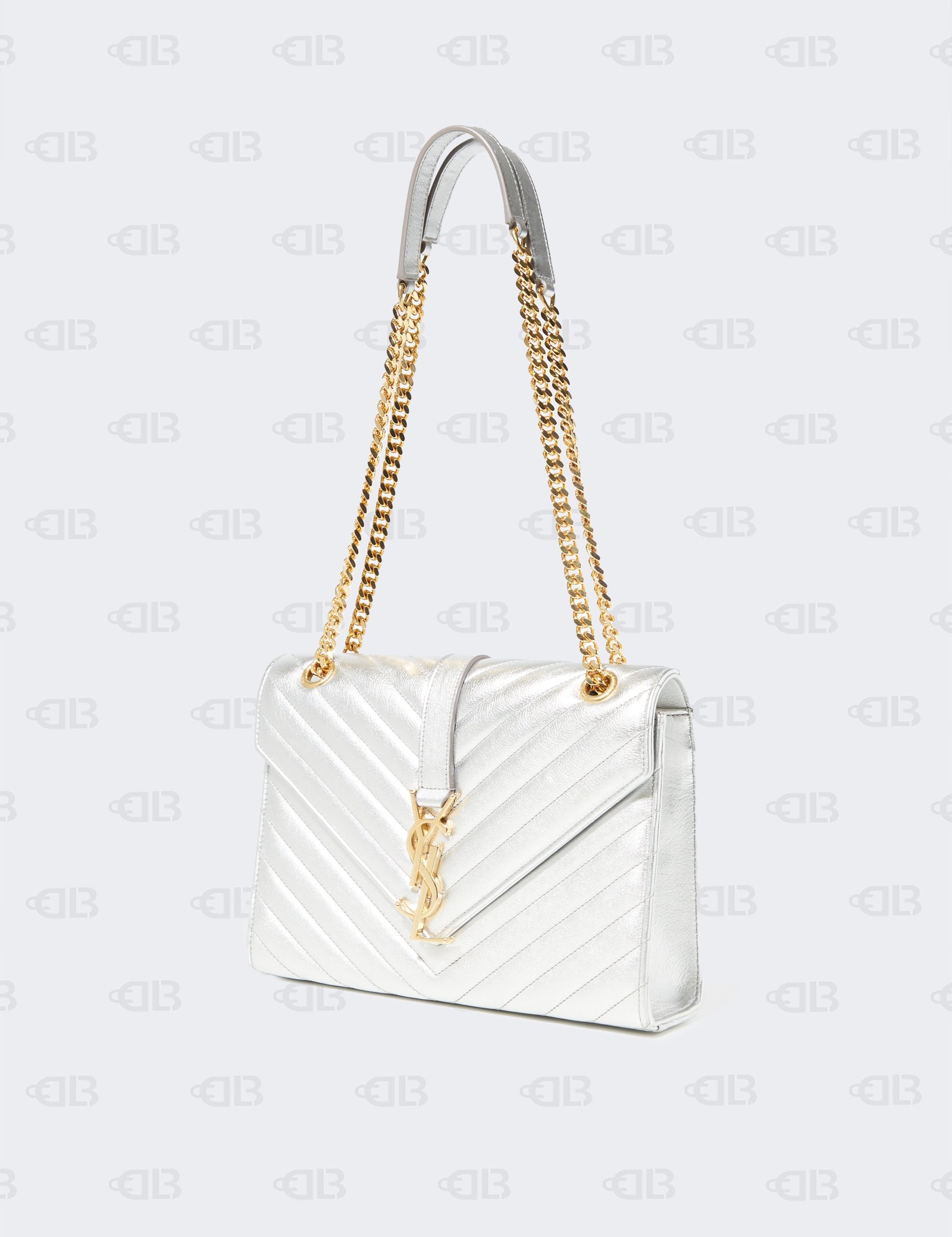 Yves Saint Laurent Metallic Silver Monogram Satchel Flap Medium Bag