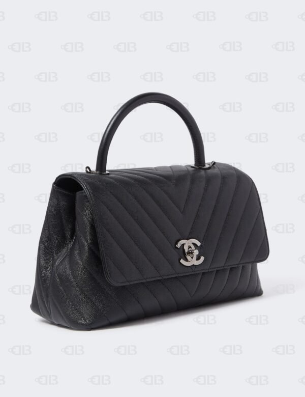 CHANEL  Caviar Chevron Quilted Small Coco Handle Flap Black