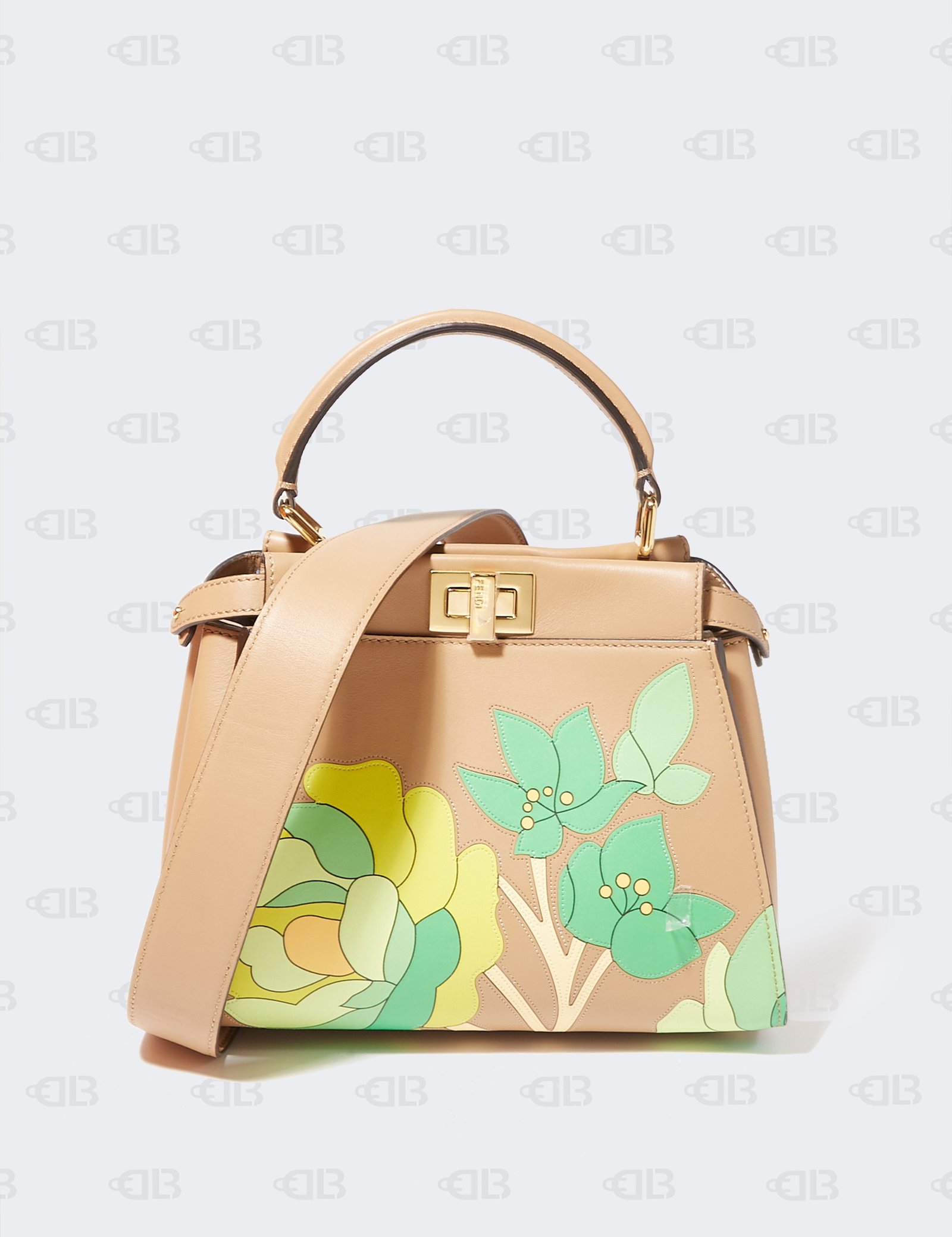 Fendi Beige/Green Leather Mini Floral Peekaboo Top Handle Bag