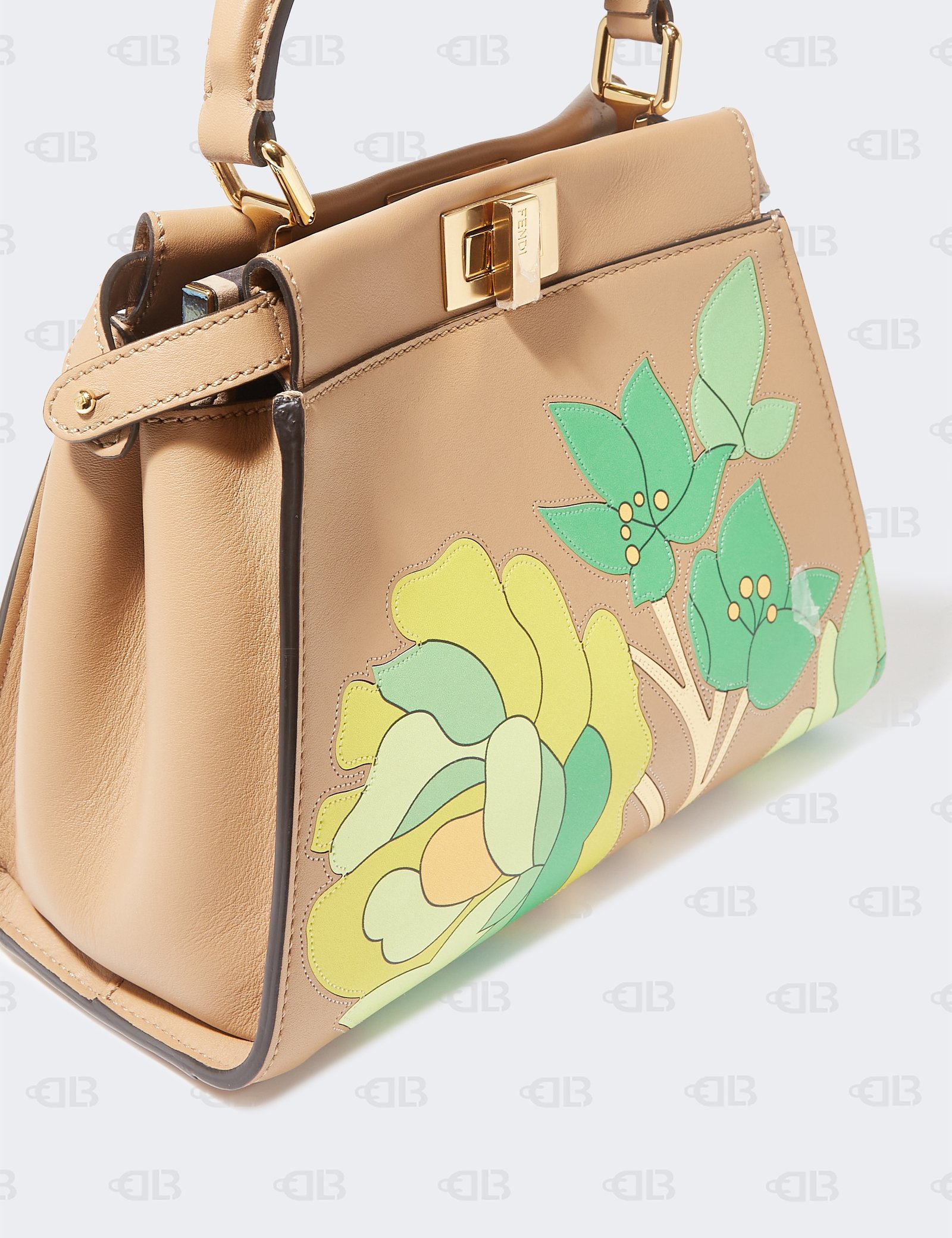 Fendi Beige/Green Leather Mini Floral Peekaboo Top Handle Bag
