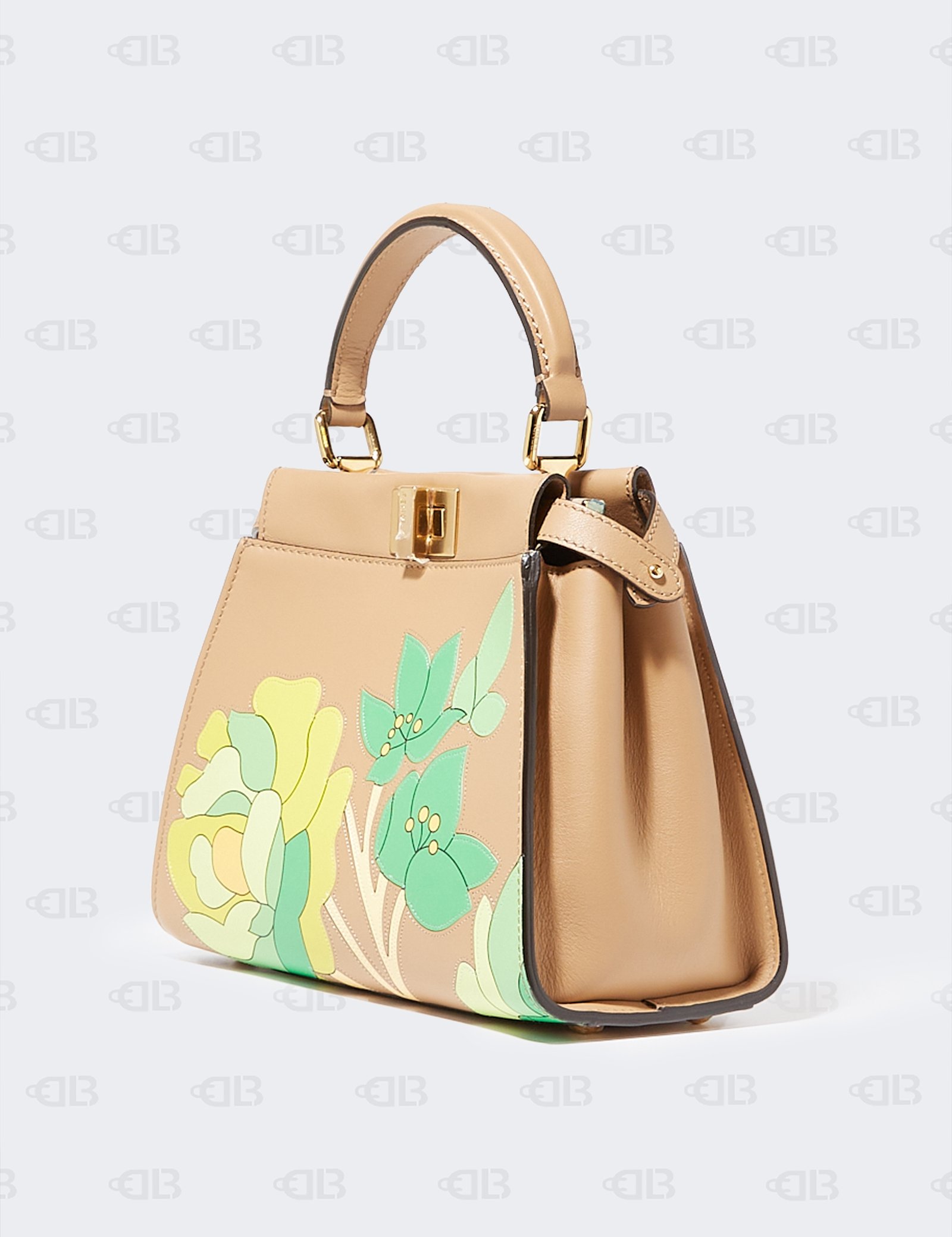 Fendi Beige/Green Leather Mini Floral Peekaboo Top Handle Bag