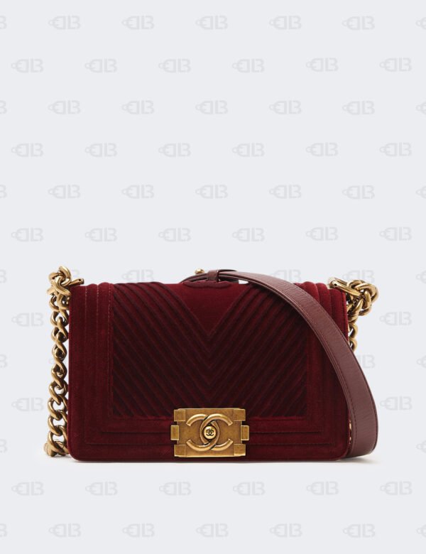 Chanel Velvet Chevron Quilted Small Boy Flap Burgundy