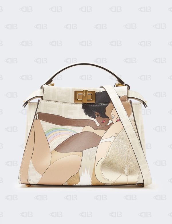Fendi Glazed Fabric Nappa FF Disco Girls Inlay Medium Peekaboo Iconic Satchel Bianco Perla Multicolor