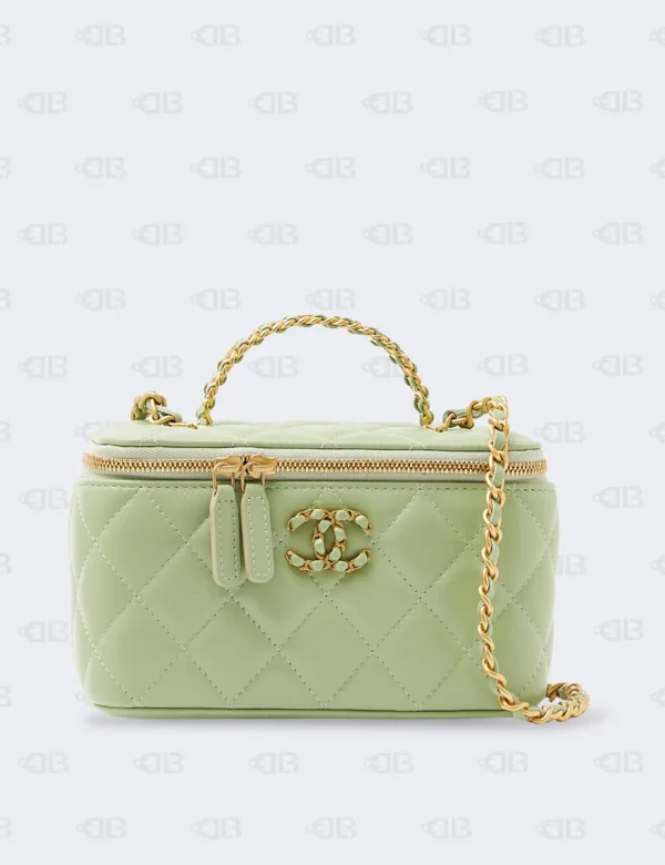 Chanel Lambskin Quilted Pearl Crush Mini Vanity Case With Chain Light Green
