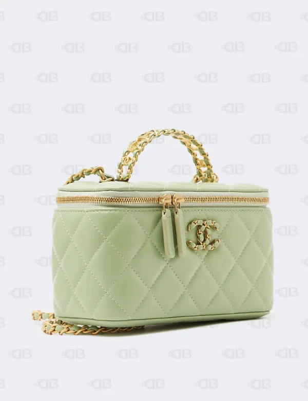 Chanel Lambskin Quilted Pearl Crush Mini Vanity Case With Chain Light Green