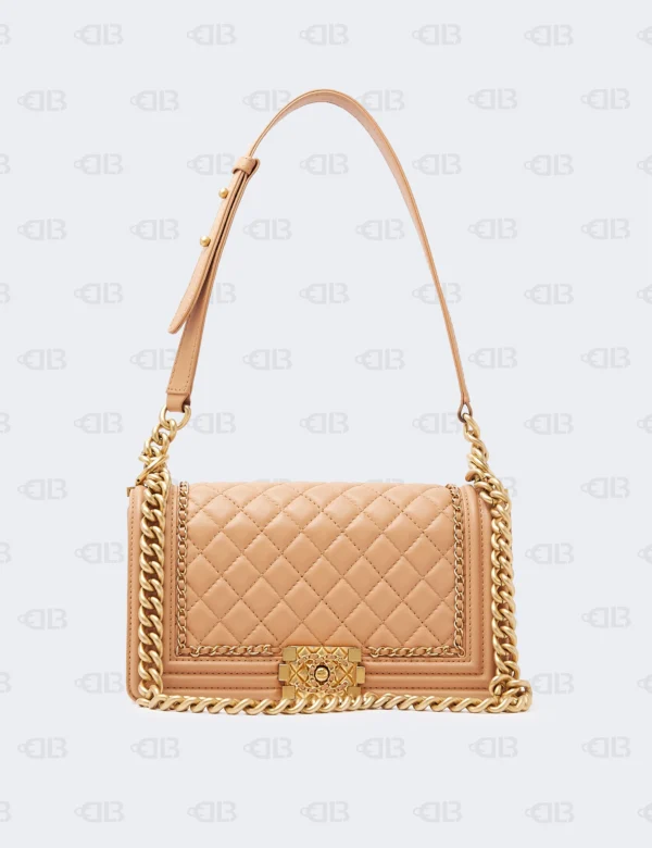 Chanel Calfskin Quilted Medium Chain Detail Boy Flap Light Brown