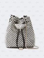 Prada Satin Crystal Metal Triangle Logo Mini Drawcord Pouch Shoulder Bag Crystal