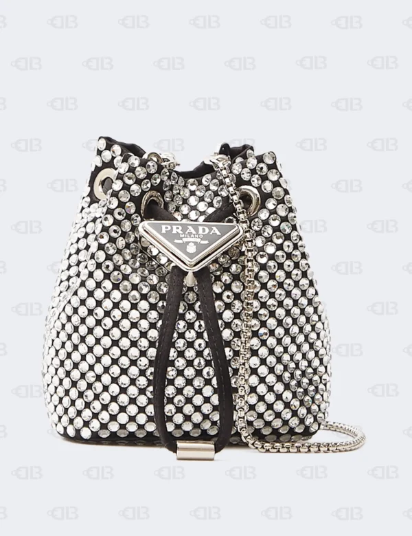 Prada Satin Crystal Metal Triangle Logo Mini Drawcord Pouch Shoulder Bag Crystal