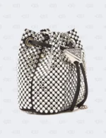 Prada Satin Crystal Metal Triangle Logo Mini Drawcord Pouch Shoulder Bag Crystal