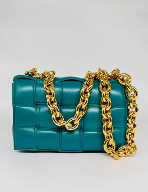 Bottega Veneta Teal Green Padded Chain Cassette Top Handle Bag