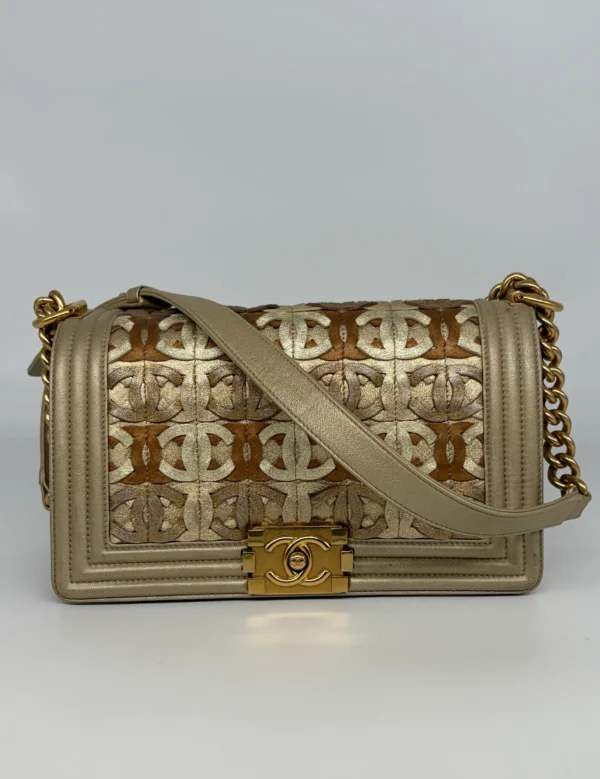 Chanel Gold Cc Cut Out Leather Medium Boy Bag
