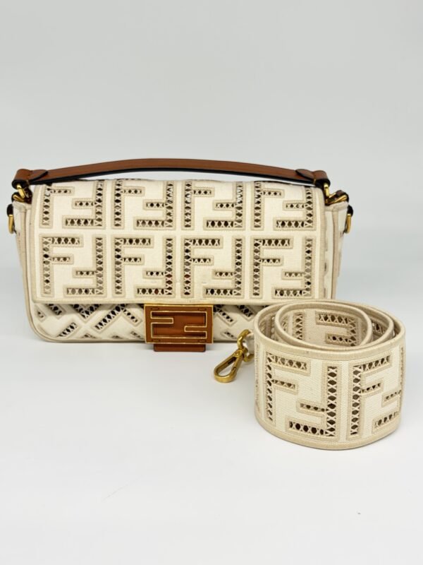 Fendi Ivory White Ff Openwork Embroidered Canvas Baguette Bag