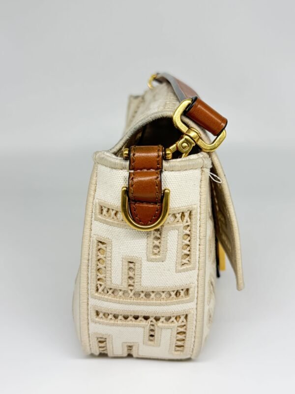 Fendi Ivory White Ff Openwork Embroidered Canvas Baguette Bag