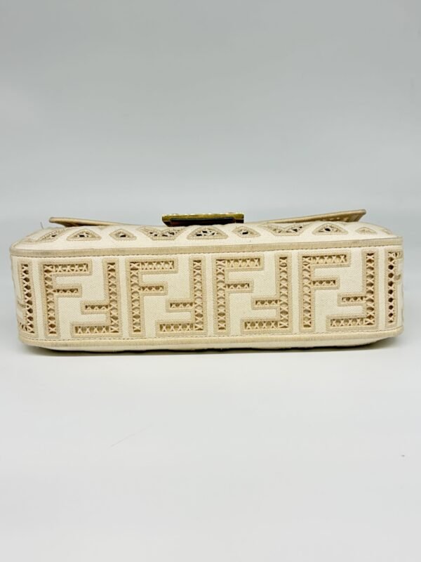 Fendi Ivory White Ff Openwork Embroidered Canvas Baguette Bag