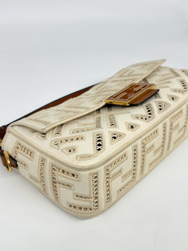 Fendi Ivory White Ff Openwork Embroidered Canvas Baguette Bag