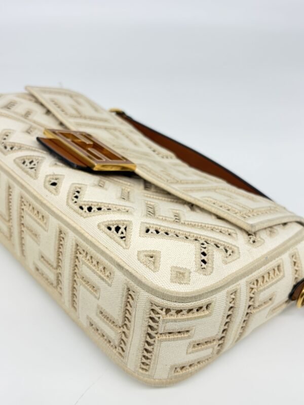 Fendi Ivory White Ff Openwork Embroidered Canvas Baguette Bag