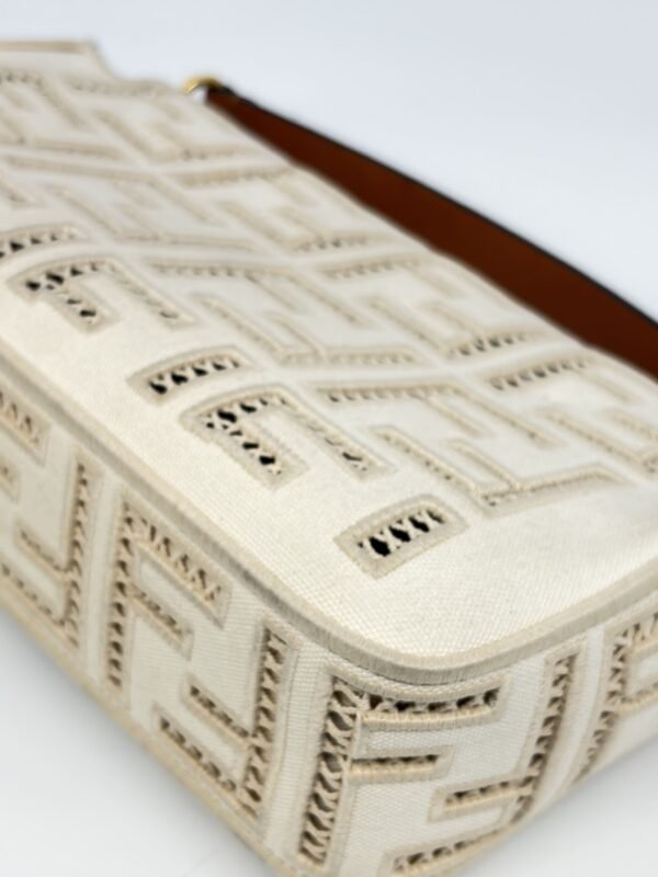 Fendi Ivory White Ff Openwork Embroidered Canvas Baguette Bag