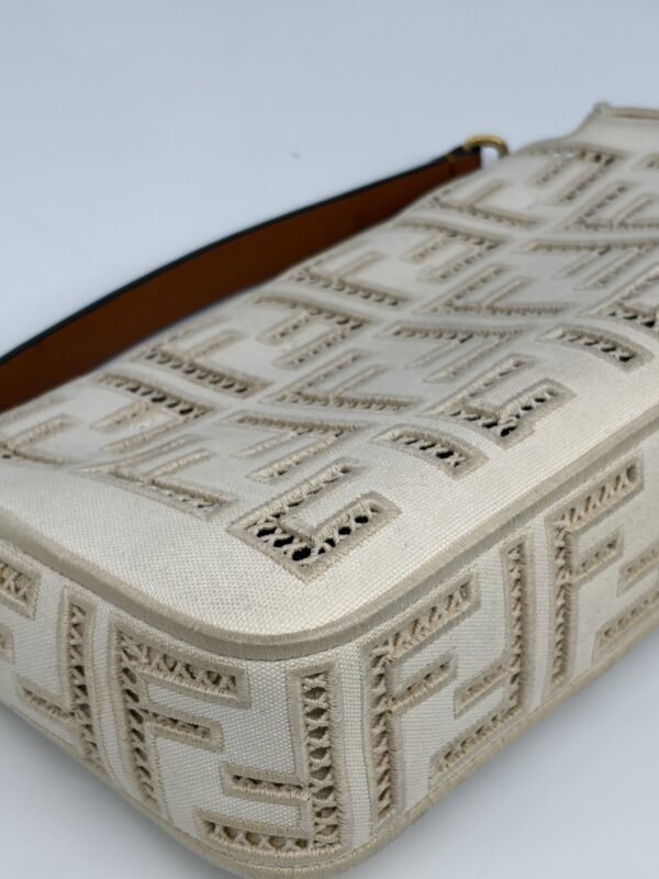 Fendi Ivory White Ff Openwork Embroidered Canvas Baguette Bag