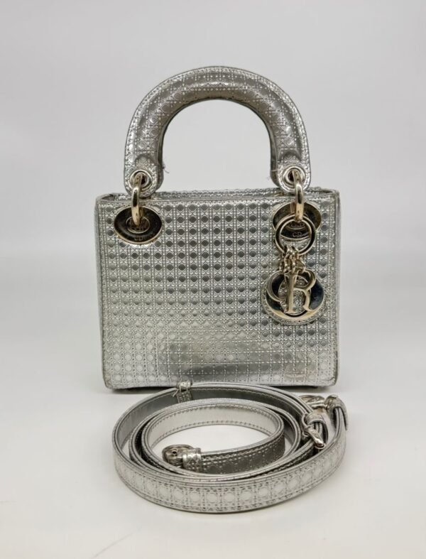 Christian Dior Mini Metallic Silver Cannage Lady Dior Bag