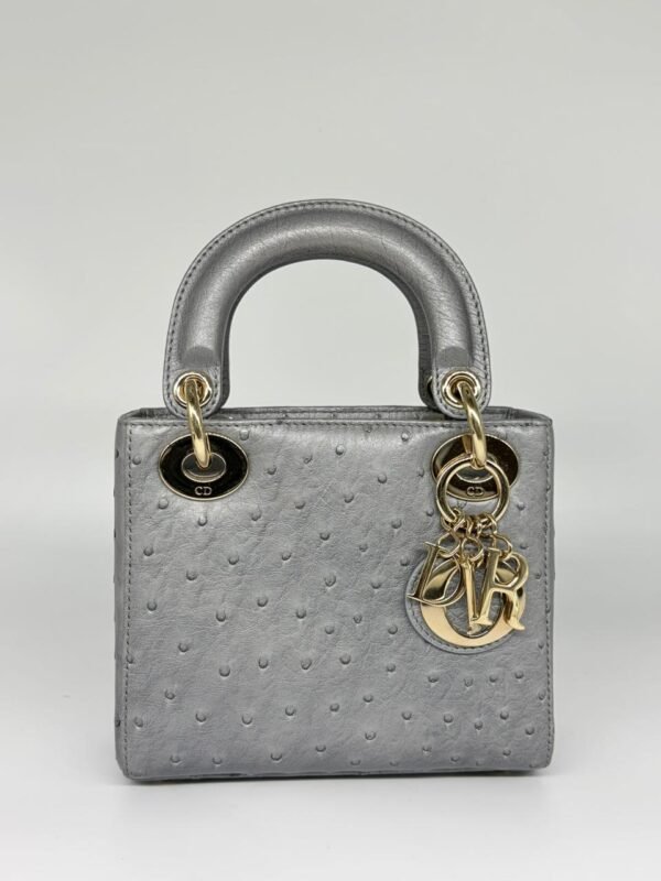 Christian Dior Grey Color Ostrich Mini Lady Dior Bag