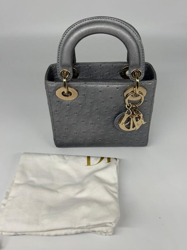 Christian Dior Grey Color Ostrich Mini Lady Dior Bag