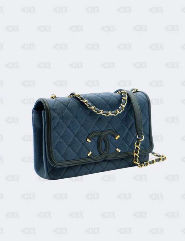 Chanel Cc Filigree Navy Black Quilted Caviar Flap Bag
