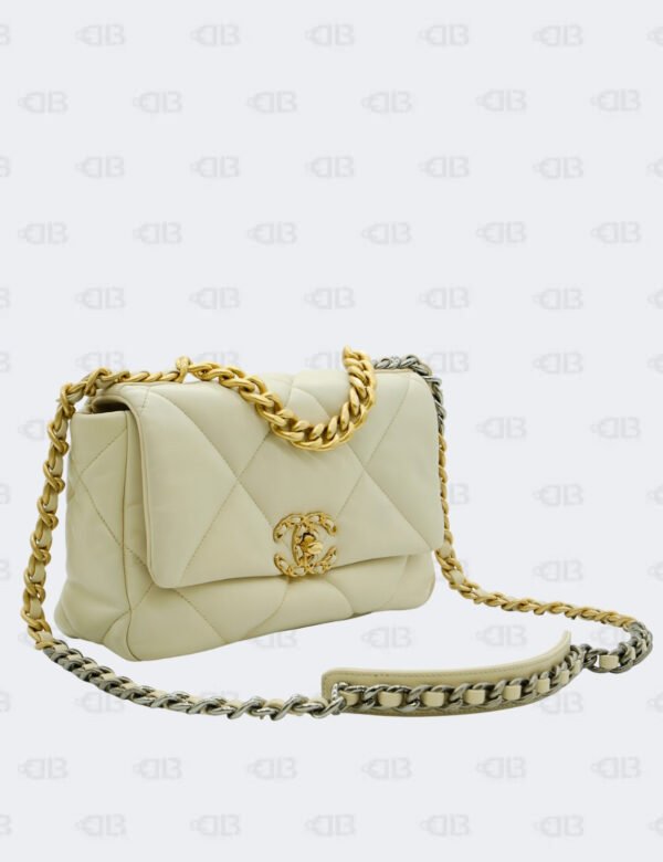 Chanel C19 Small Ivory Quilted Goatskin With Mized Metal Chain Flap Bag