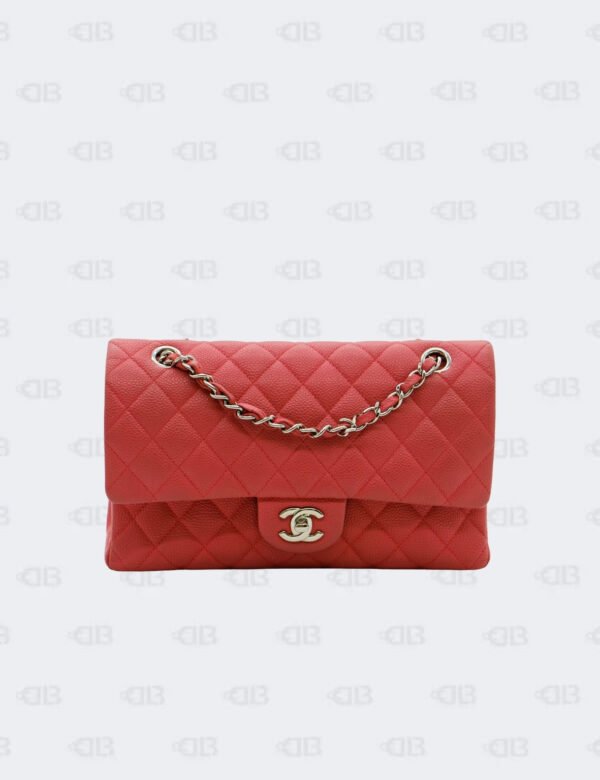 Chanel Coral Red Quilted Caviar Medium Classic Double Flap Bag