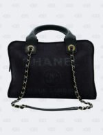 Chanel Cc Navy Black Mixed Fibers Deauville Bowling Bag