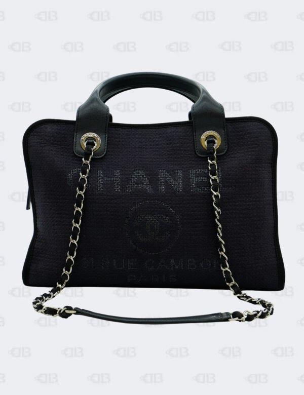Chanel Cc Navy Black Mixed Fibers Deauville Bowling Bag
