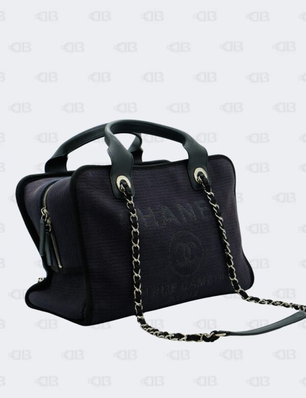 Chanel Cc Navy Black Mixed Fibers Deauville Bowling Bag