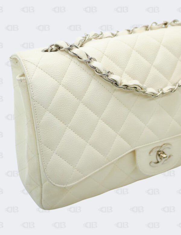 Chanel White Quilted Caviar Jumbo Classic Double Flap Bag
