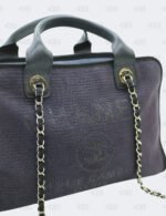 Chanel Cc Navy Black Mixed Fibers Deauville Bowling Bag