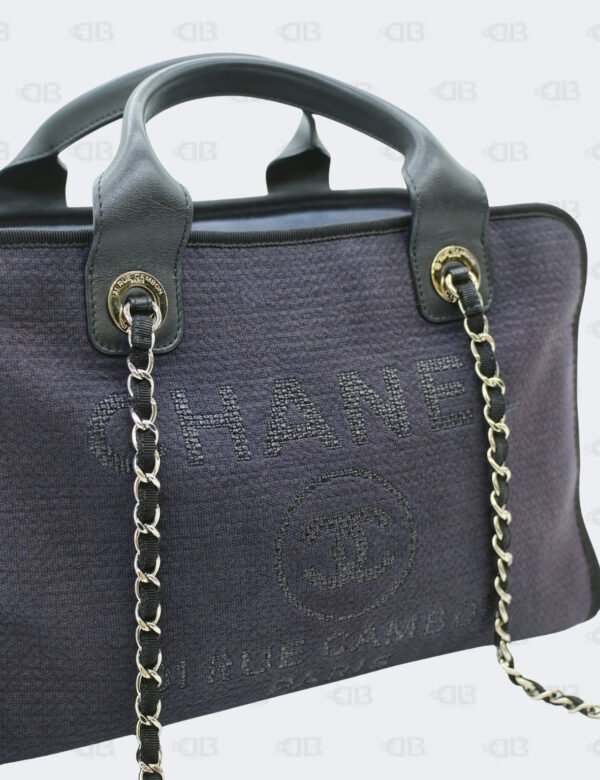 Chanel Cc Navy Black Mixed Fibers Deauville Bowling Bag