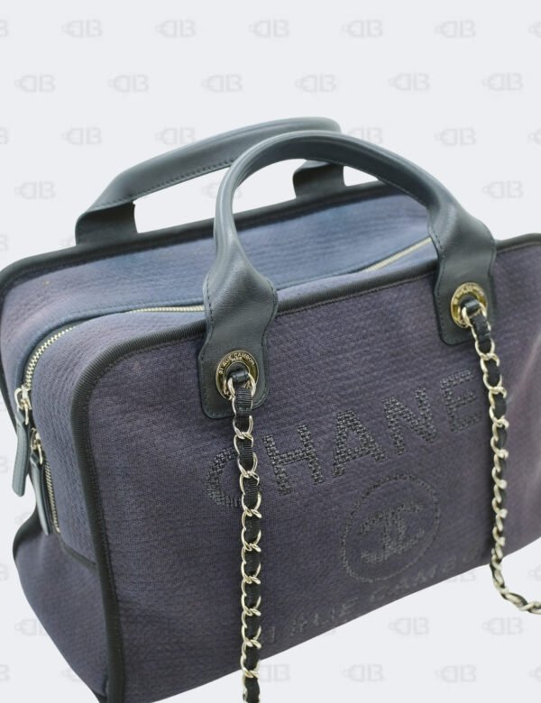 Chanel Cc Navy Black Mixed Fibers Deauville Bowling Bag