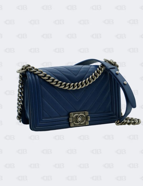 Chanel Navy Blue Chevron Caviar Medium Boy Flap Bag