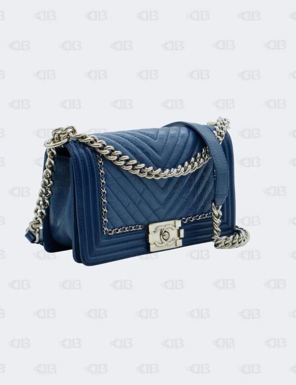 Chanel Navy Bllue Chevron Aged Calfskin Jacket Boy Flap Bag