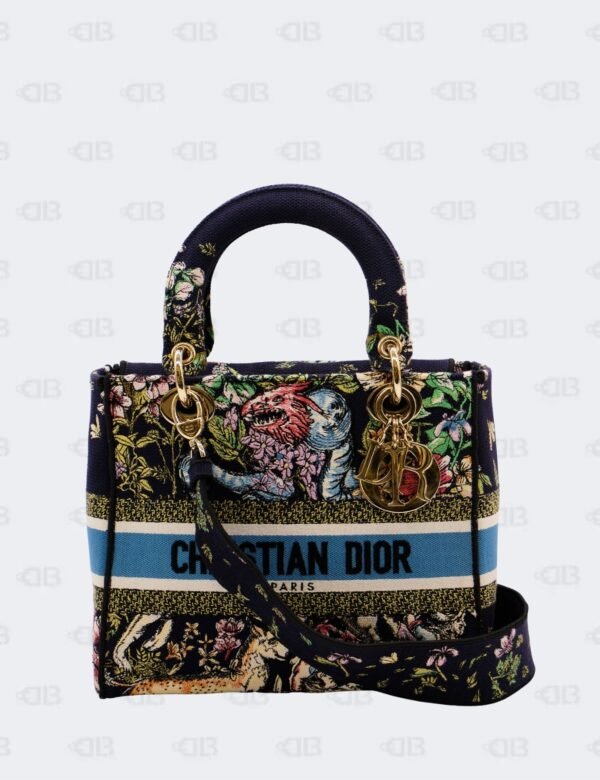 Christian Dior Medium Blue Embroidered Canvas Lady D-Lite Tote Bag