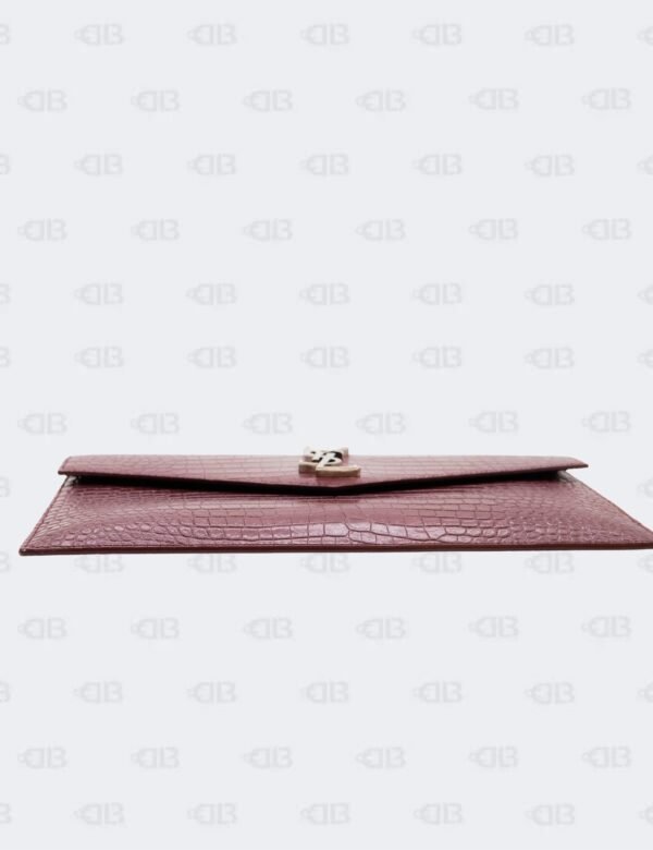Ysl Burgundy Uptown Clutch In Croco - Embossed Leather
